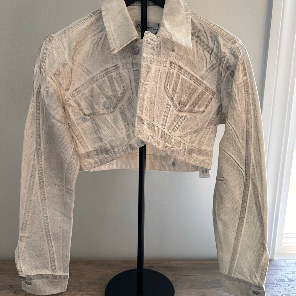 Zara White/Metallic Distressed Crop Jean Jacket